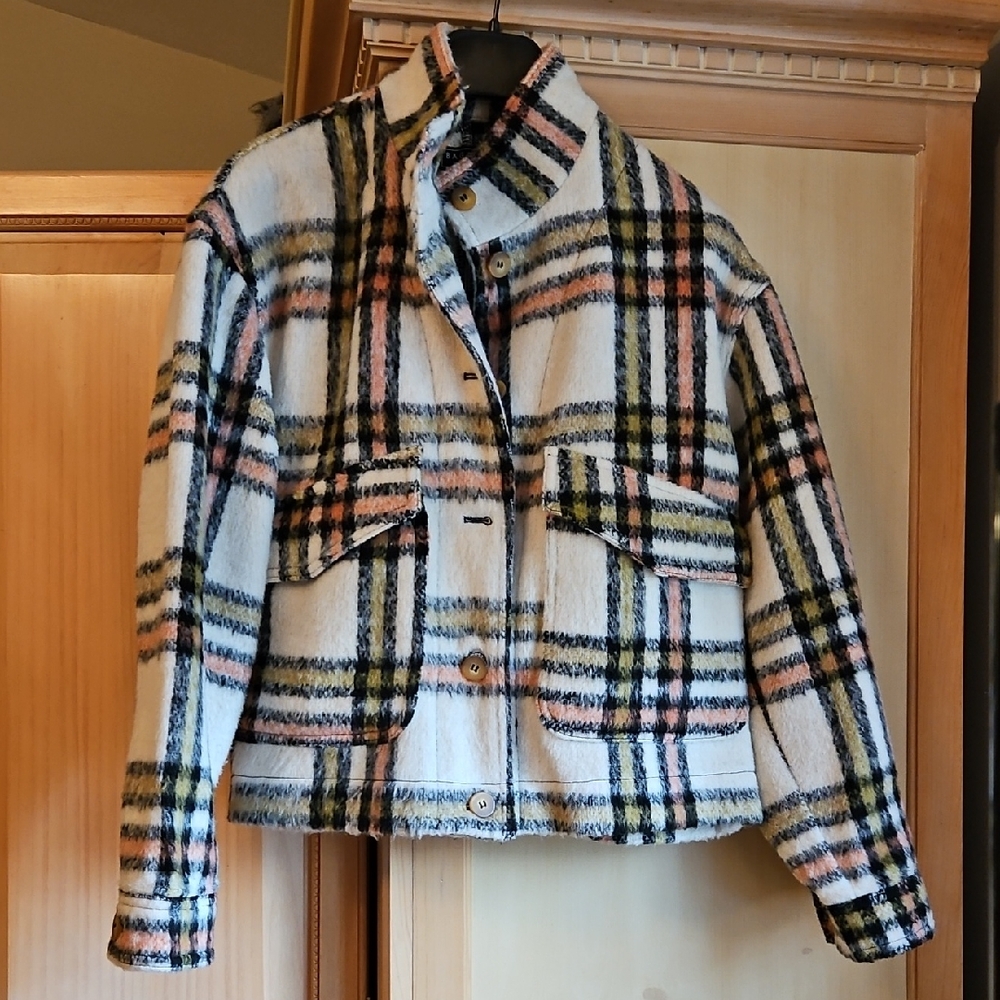Bagatelle Plaid Teddy Jacket - Cream, Black, Pink - Picture 1 of 4